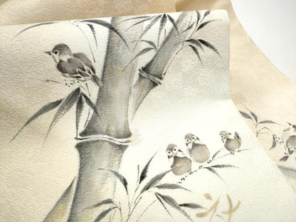 平和屋着物●九寸名古屋帯　作家物　手描き　笹竹鳥文　雀　猫　金彩　正絹　逸品　CABE0250hy
