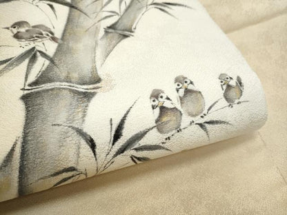 平和屋着物●九寸名古屋帯　作家物　手描き　笹竹鳥文　雀　猫　金彩　正絹　逸品　CABE0250hy