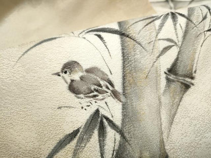 平和屋着物●九寸名古屋帯　作家物　手描き　笹竹鳥文　雀　猫　金彩　正絹　逸品　CABE0250hy