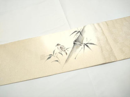 平和屋着物●九寸名古屋帯　作家物　手描き　笹竹鳥文　雀　猫　金彩　正絹　逸品　CABE0250hy