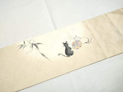 平和屋着物●九寸名古屋帯　作家物　手描き　笹竹鳥文　雀　猫　金彩　正絹　逸品　CABE0250hy