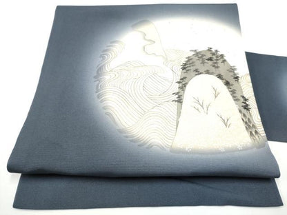 平和屋着物●塩瀬　九寸名古屋帯　手描き　流水樹林文　金通し地　正絹　逸品　CABE0251hy
