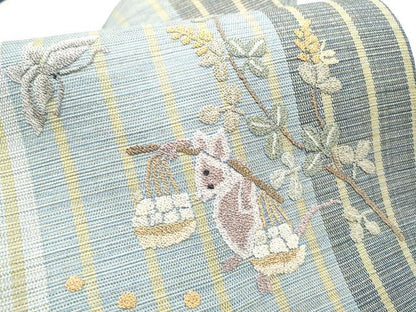 平和屋着物▽中国三大刺繍 総相良刺繍 九寸名古屋帯 スリーシーズン 春夏秋 動物花蝶文 金通し地 正絹 逸品 CABE0264hy