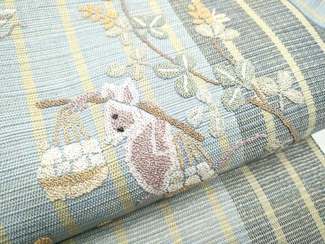 平和屋着物▽中国三大刺繍 総相良刺繍 九寸名古屋帯 スリーシーズン 春夏秋 動物花蝶文 金通し地 正絹 逸品 CABE0264hy