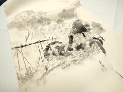 平和屋着物●塩瀬　九寸名古屋帯　作家物　手描き　風景文　三越扱い　正絹　逸品　CABE0276hy
