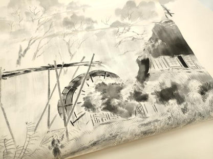 平和屋着物●塩瀬　九寸名古屋帯　作家物　手描き　風景文　三越扱い　正絹　逸品　CABE0276hy