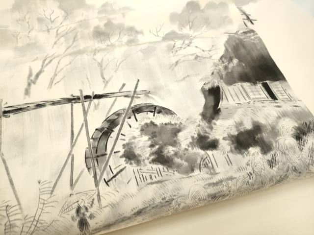 平和屋着物●塩瀬　九寸名古屋帯　作家物　手描き　風景文　三越扱い　正絹　逸品　CABE0276hy