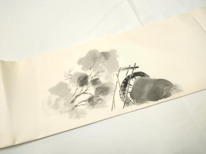 平和屋着物●塩瀬　九寸名古屋帯　作家物　手描き　風景文　三越扱い　正絹　逸品　CABE0276hy