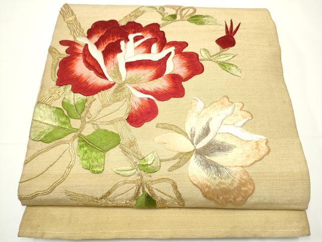 平和屋着物●アンティーク　大正ロマン　太鼓柄　京袋帯　唐織　駒刺繍　総刺繍　枝花文　黒地　金糸　正絹　逸品　CABE0278hy