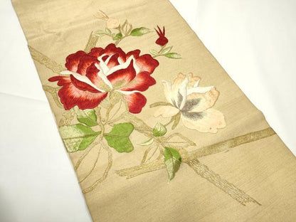 平和屋着物●アンティーク　大正ロマン　太鼓柄　京袋帯　唐織　駒刺繍　総刺繍　枝花文　黒地　金糸　正絹　逸品　CABE0278hy