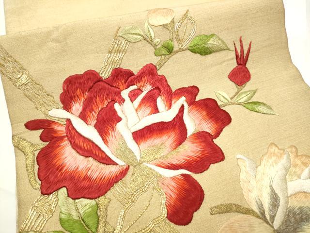 平和屋着物●アンティーク　大正ロマン　太鼓柄　京袋帯　唐織　駒刺繍　総刺繍　枝花文　黒地　金糸　正絹　逸品　CABE0278hy