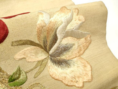 平和屋着物●アンティーク　大正ロマン　太鼓柄　京袋帯　唐織　駒刺繍　総刺繍　枝花文　黒地　金糸　正絹　逸品　CABE0278hy