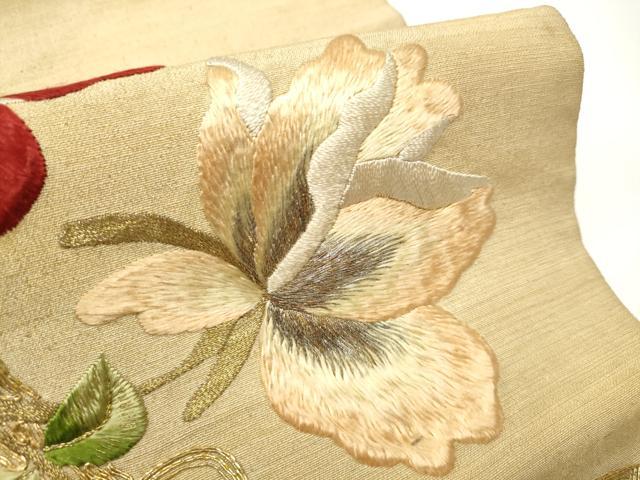 平和屋着物●アンティーク　大正ロマン　太鼓柄　京袋帯　唐織　駒刺繍　総刺繍　枝花文　黒地　金糸　正絹　逸品　CABE0278hy