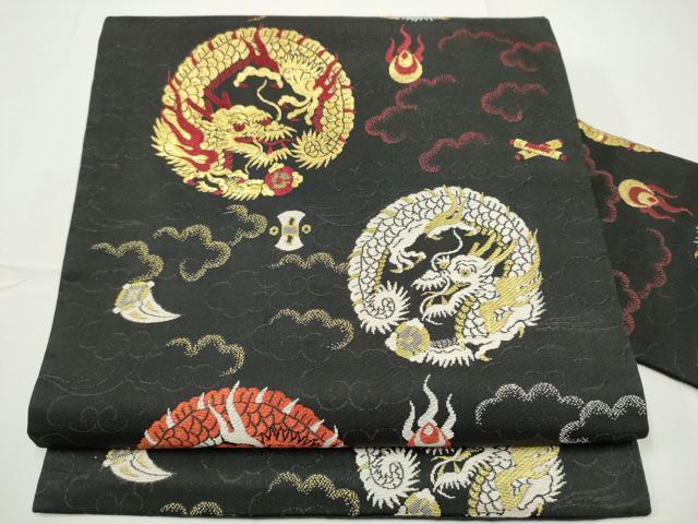 平和屋着物●アンティーク　大正ロマン　九寸名古屋帯　唐織　龍　黒地　金糸　正絹　逸品　CABE0279hy