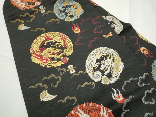 平和屋着物●アンティーク　大正ロマン　九寸名古屋帯　唐織　龍　黒地　金糸　正絹　逸品　CABE0279hy