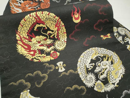 平和屋着物●アンティーク　大正ロマン　九寸名古屋帯　唐織　龍　黒地　金糸　正絹　逸品　CABE0279hy