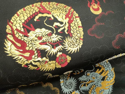 平和屋着物●アンティーク　大正ロマン　九寸名古屋帯　唐織　龍　黒地　金糸　正絹　逸品　CABE0279hy