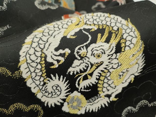 平和屋着物●アンティーク　大正ロマン　九寸名古屋帯　唐織　龍　黒地　金糸　正絹　逸品　CABE0279hy