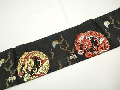 平和屋着物●アンティーク　大正ロマン　九寸名古屋帯　唐織　龍　黒地　金糸　正絹　逸品　CABE0279hy