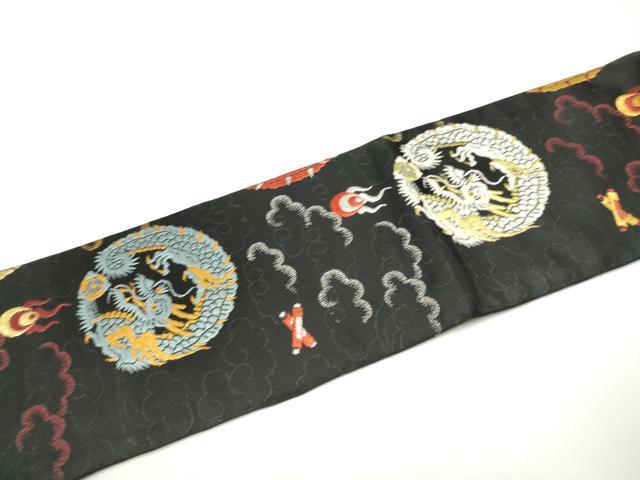 平和屋着物●アンティーク　大正ロマン　九寸名古屋帯　唐織　龍　黒地　金糸　正絹　逸品　CABE0279hy