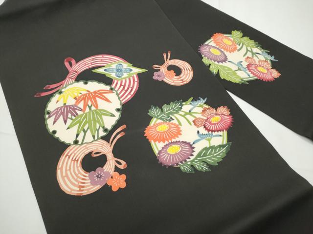 平和屋着物●塩瀬　九寸名古屋帯　型染め　雪輪草花文　黒地　正絹　逸品　CABE0281hy
