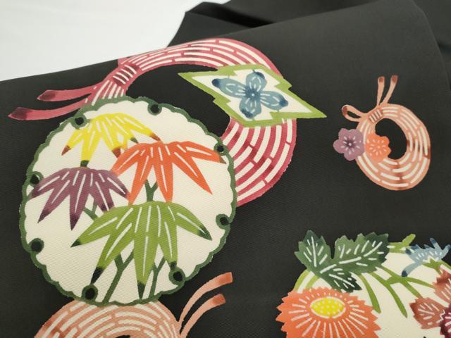 平和屋着物●塩瀬　九寸名古屋帯　型染め　雪輪草花文　黒地　正絹　逸品　CABE0281hy