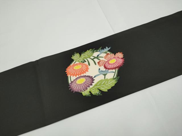 平和屋着物●塩瀬　九寸名古屋帯　型染め　雪輪草花文　黒地　正絹　逸品　CABE0281hy