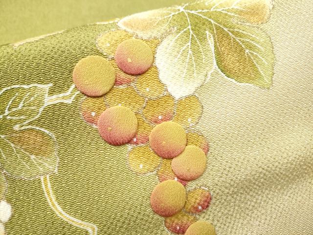 平和屋着物●九寸開き名古屋帯　パッチワーク　葡萄蔦の葉文　金彩　鬼しぼ縮緬　正絹　逸品　CABE0285hy