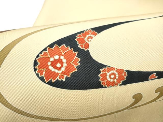 平和屋着物●塩瀬　九寸名古屋帯　駒刺繍　流水草花文　金彩　正絹　逸品　CABE0288hy