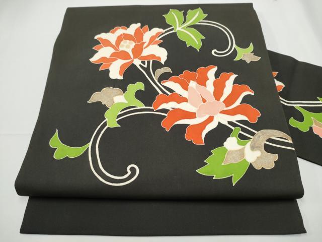 平和屋着物●塩瀬　九寸名古屋帯　更紗花文　黒地　金彩　正絹　逸品　CABE0289hy