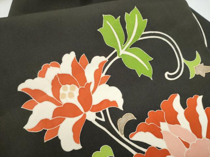 平和屋着物●塩瀬　九寸名古屋帯　更紗花文　黒地　金彩　正絹　逸品　CABE0289hy
