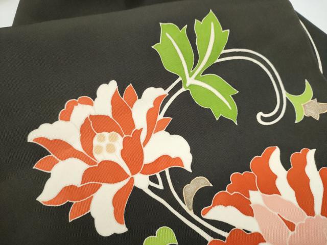 平和屋着物●塩瀬　九寸名古屋帯　更紗花文　黒地　金彩　正絹　逸品　CABE0289hy