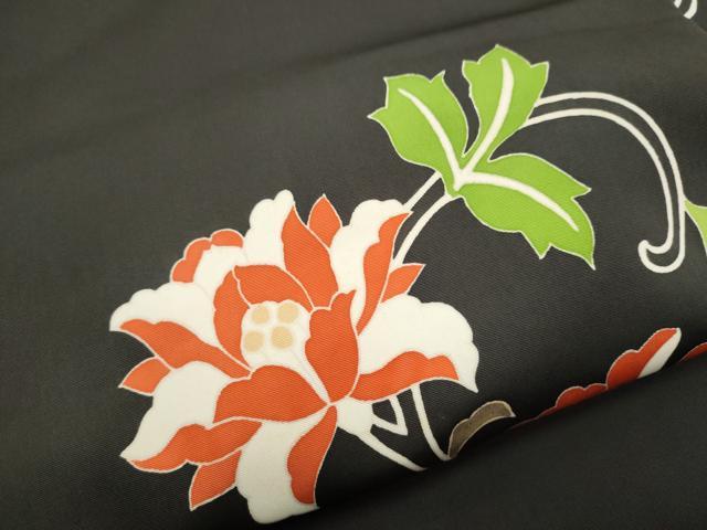 平和屋着物●塩瀬　九寸名古屋帯　更紗花文　黒地　金彩　正絹　逸品　CABE0289hy