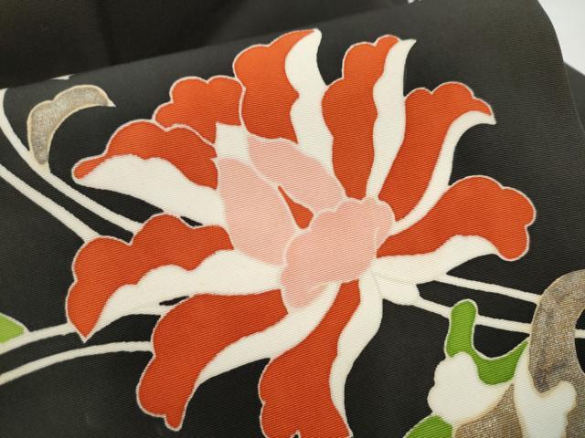 平和屋着物●塩瀬　九寸名古屋帯　更紗花文　黒地　金彩　正絹　逸品　CABE0289hy
