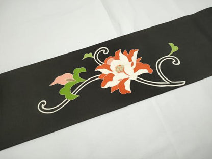 平和屋着物●塩瀬　九寸名古屋帯　更紗花文　黒地　金彩　正絹　逸品　CABE0289hy