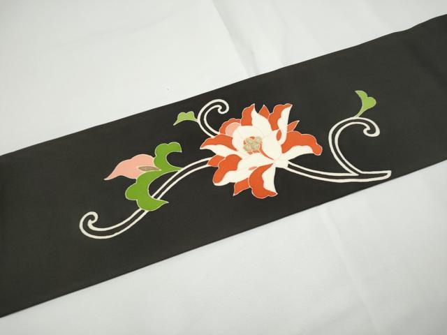 平和屋着物●塩瀬　九寸名古屋帯　更紗花文　黒地　金彩　正絹　逸品　CABE0289hy