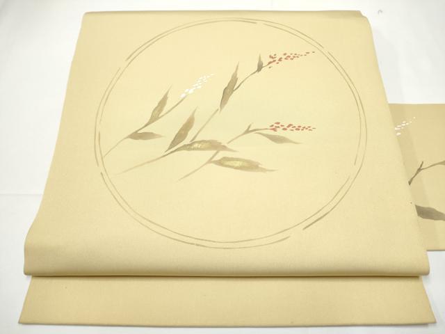平和屋着物●塩瀬　九寸名古屋帯　手描き　枝花丸文　金彩　正絹　逸品　CABE0290hy