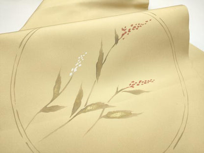 平和屋着物●塩瀬　九寸名古屋帯　手描き　枝花丸文　金彩　正絹　逸品　CABE0290hy