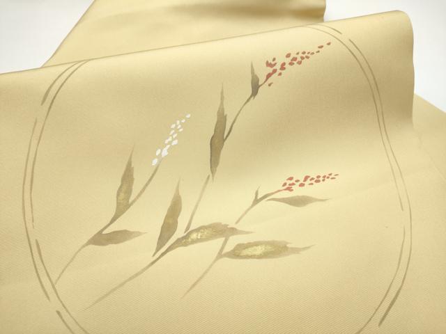 平和屋着物●塩瀬　九寸名古屋帯　手描き　枝花丸文　金彩　正絹　逸品　CABE0290hy