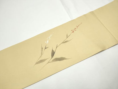 平和屋着物●塩瀬　九寸名古屋帯　手描き　枝花丸文　金彩　正絹　逸品　CABE0290hy