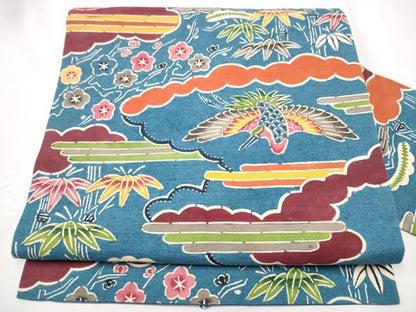 平和屋着物●全通柄　九寸名古屋帯　紬地　紅型　松竹梅鳥文　正絹　逸品　CABE0294hy