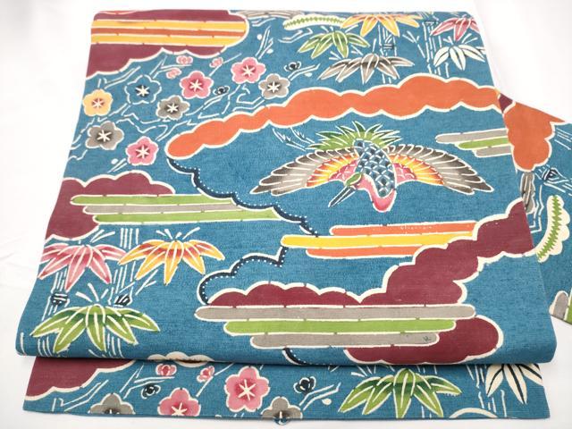 平和屋着物●全通柄　九寸名古屋帯　紬地　紅型　松竹梅鳥文　正絹　逸品　CABE0294hy