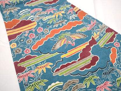 平和屋着物●全通柄　九寸名古屋帯　紬地　紅型　松竹梅鳥文　正絹　逸品　CABE0294hy