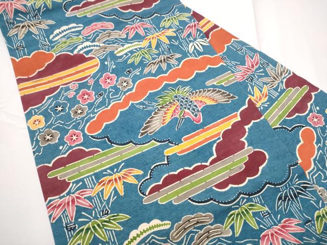 平和屋着物●全通柄　九寸名古屋帯　紬地　紅型　松竹梅鳥文　正絹　逸品　CABE0294hy