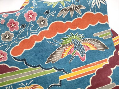 平和屋着物●全通柄　九寸名古屋帯　紬地　紅型　松竹梅鳥文　正絹　逸品　CABE0294hy