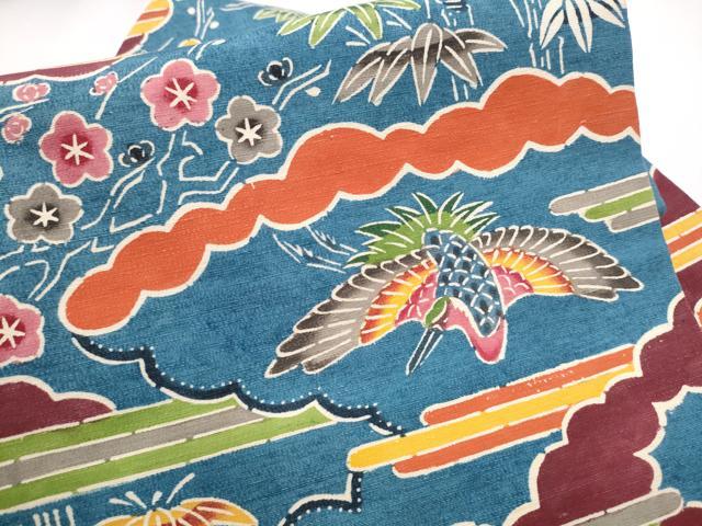 平和屋着物●全通柄　九寸名古屋帯　紬地　紅型　松竹梅鳥文　正絹　逸品　CABE0294hy