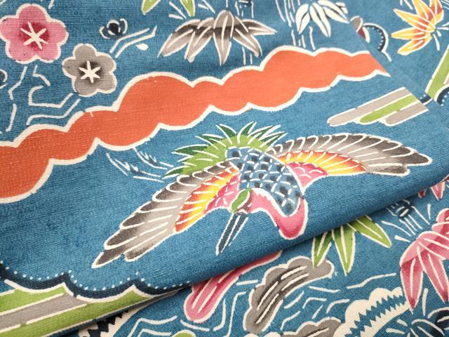 平和屋着物●全通柄　九寸名古屋帯　紬地　紅型　松竹梅鳥文　正絹　逸品　CABE0294hy