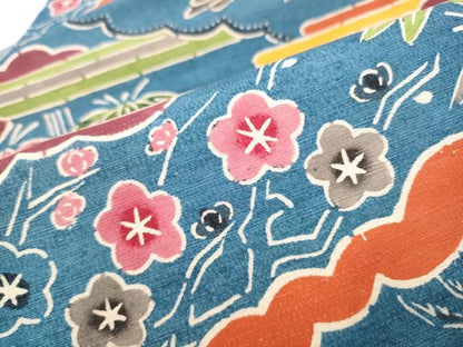 平和屋着物●全通柄　九寸名古屋帯　紬地　紅型　松竹梅鳥文　正絹　逸品　CABE0294hy