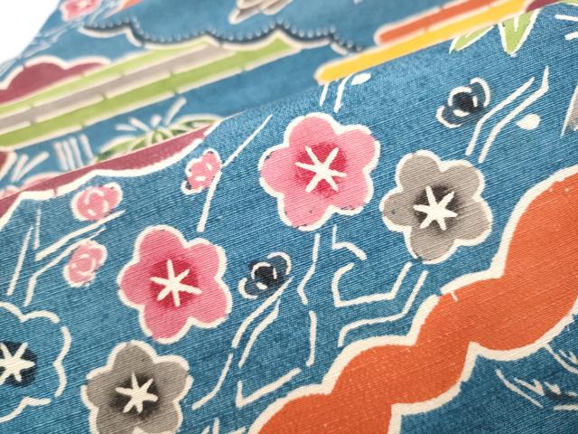 平和屋着物●全通柄　九寸名古屋帯　紬地　紅型　松竹梅鳥文　正絹　逸品　CABE0294hy