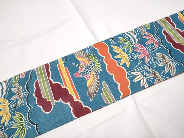 平和屋着物●全通柄　九寸名古屋帯　紬地　紅型　松竹梅鳥文　正絹　逸品　CABE0294hy